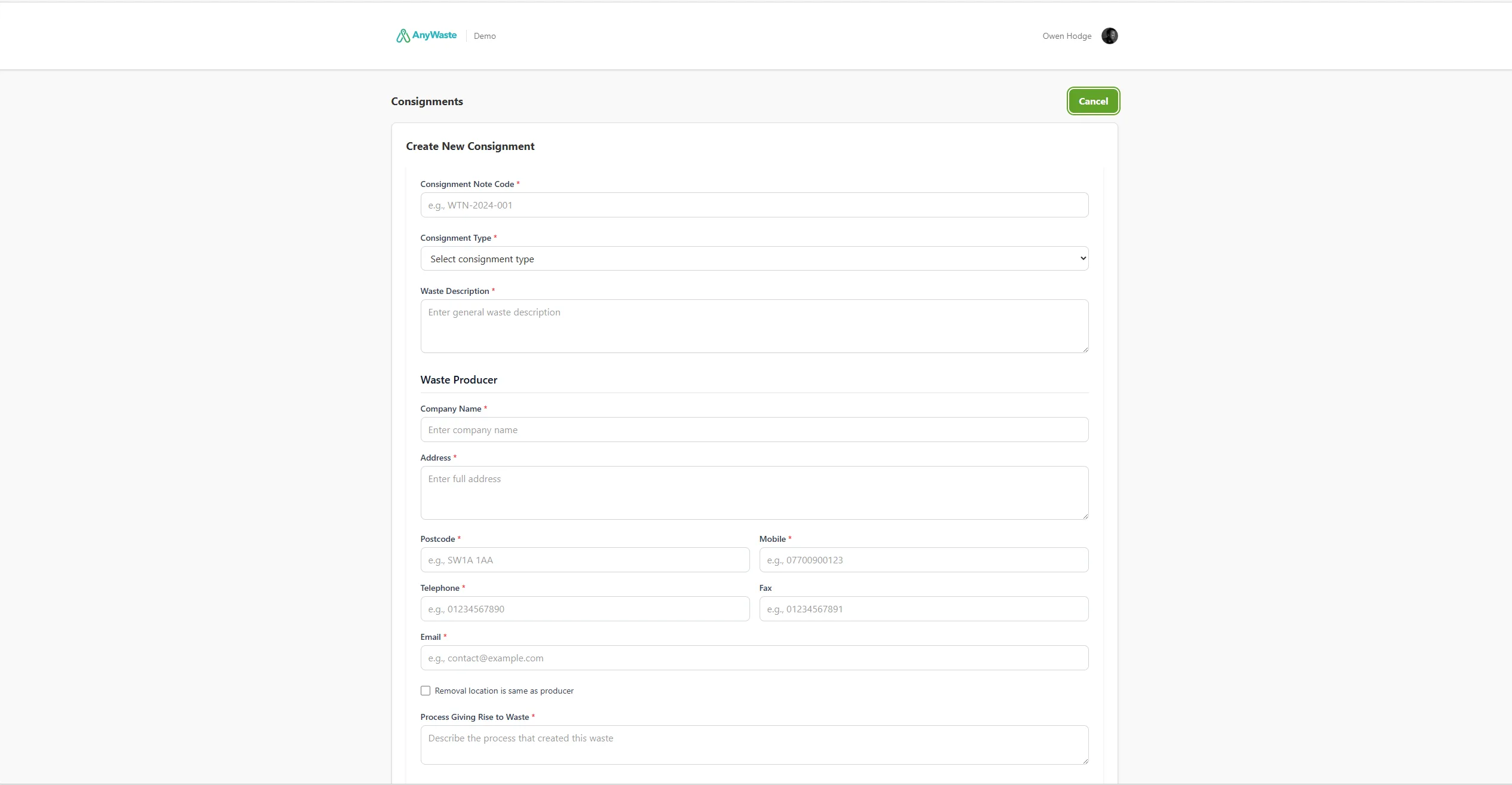 AnyWaste screen: creating a consignment with pre-populated EWC codes and waste details