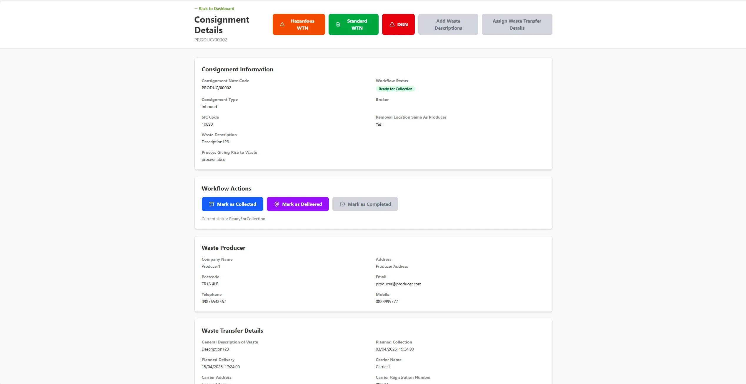 AnyWaste screen: consignment details with digital signatures captured on collection