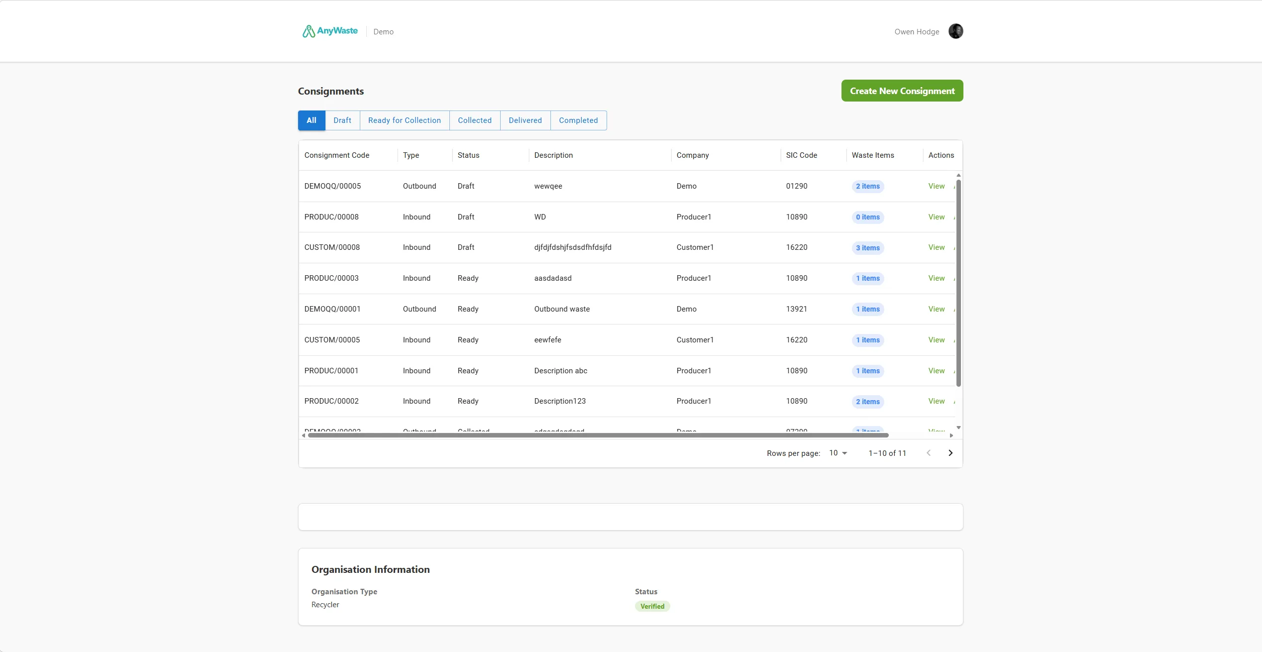 AnyWaste screen: live consignments list showing in-transit statuses