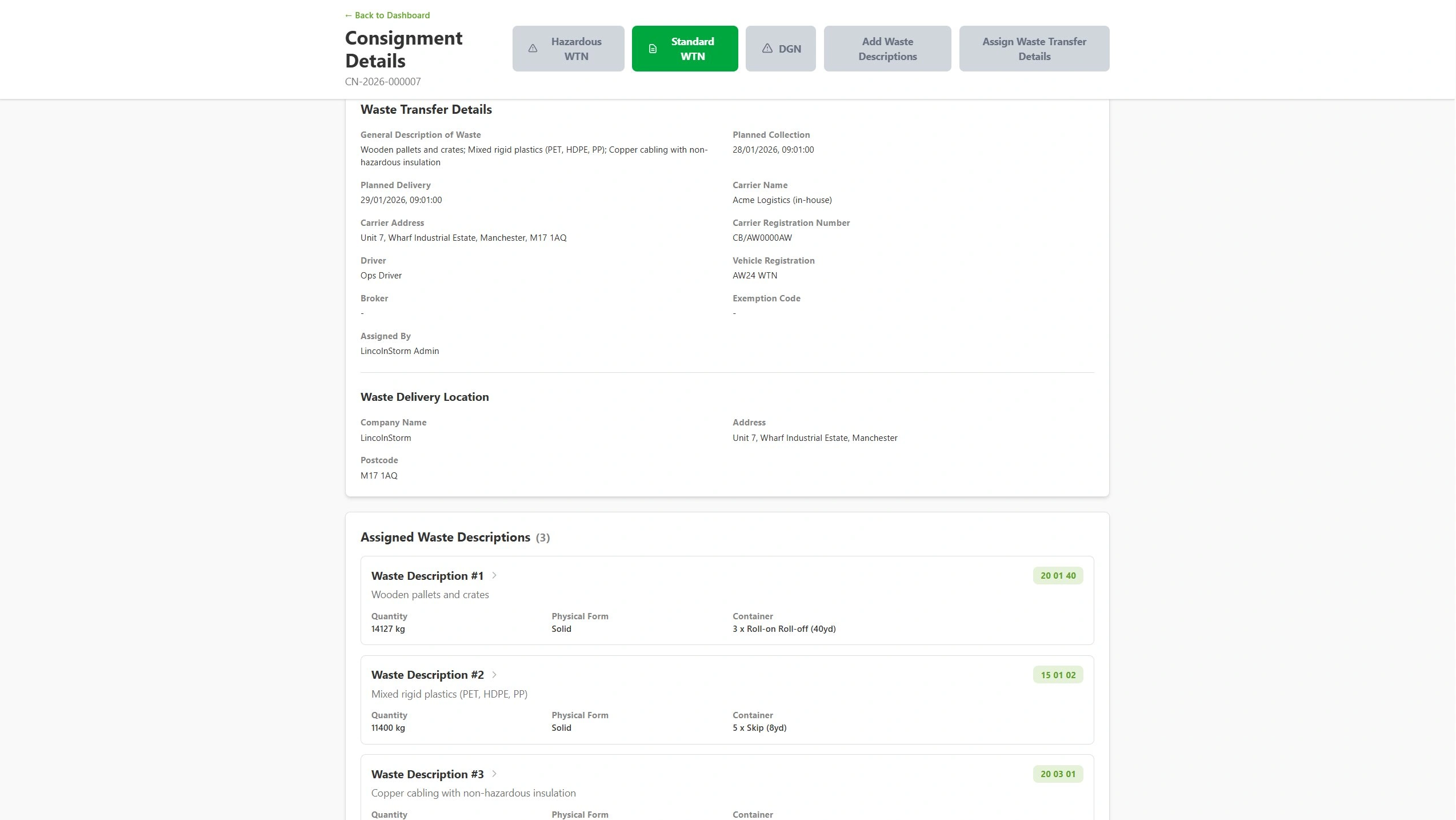 AnyWaste.com consignments list showing digital Waste Transfer Notes