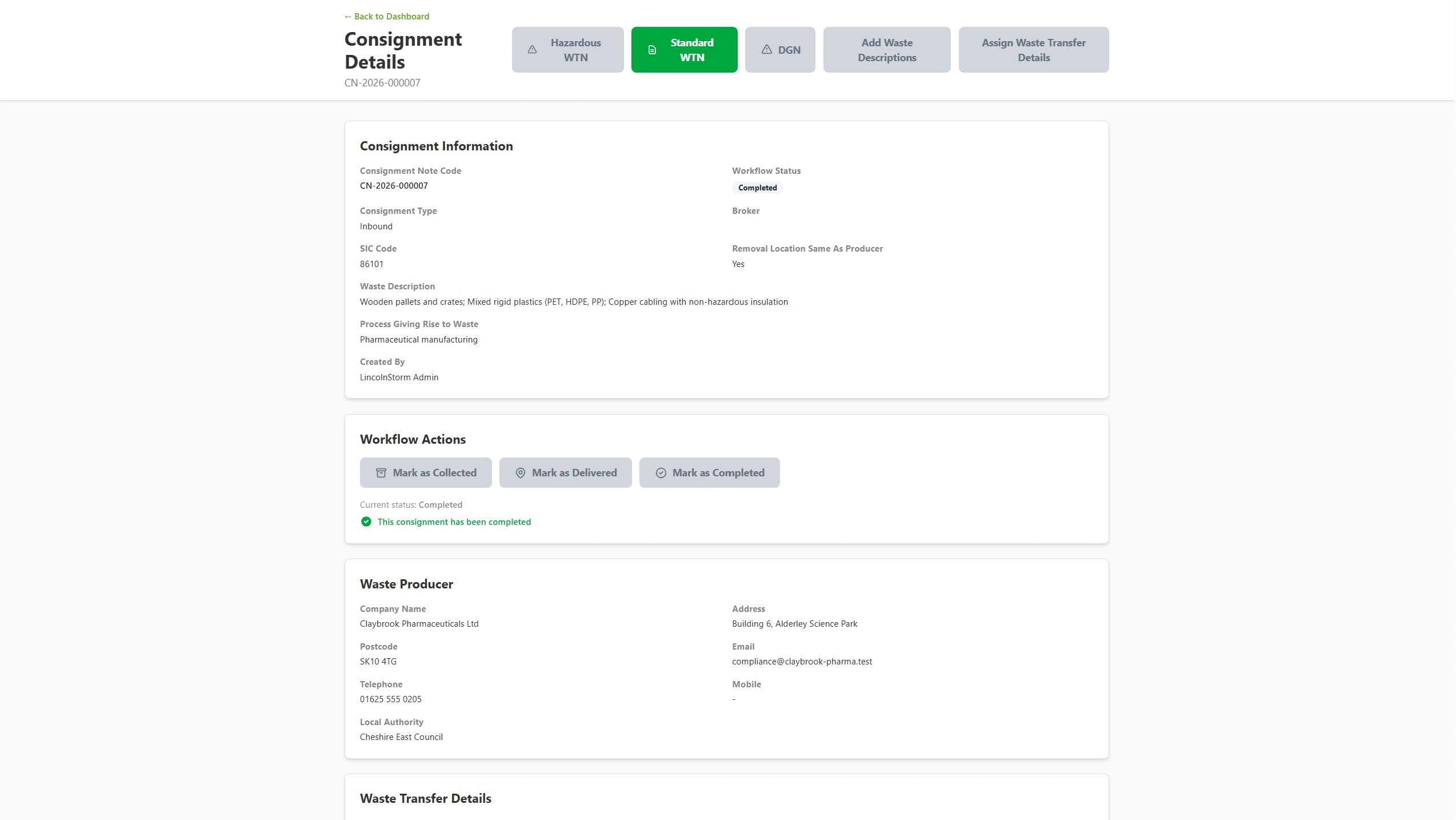 Consignment details with WTN, HWCN and DGN — full workflow view