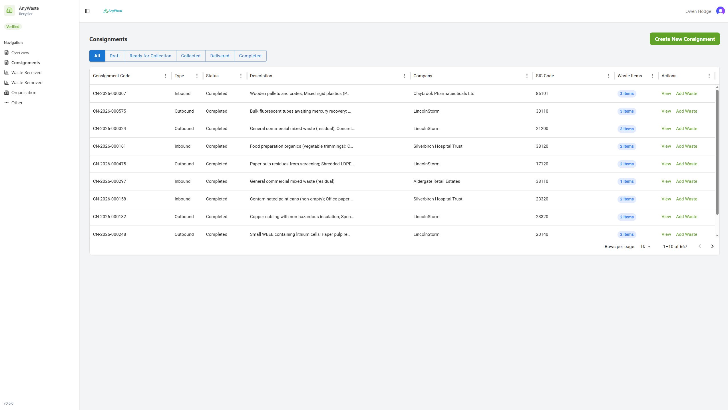 AnyWaste consignments table with status filters, EWC codes and waste descriptions
